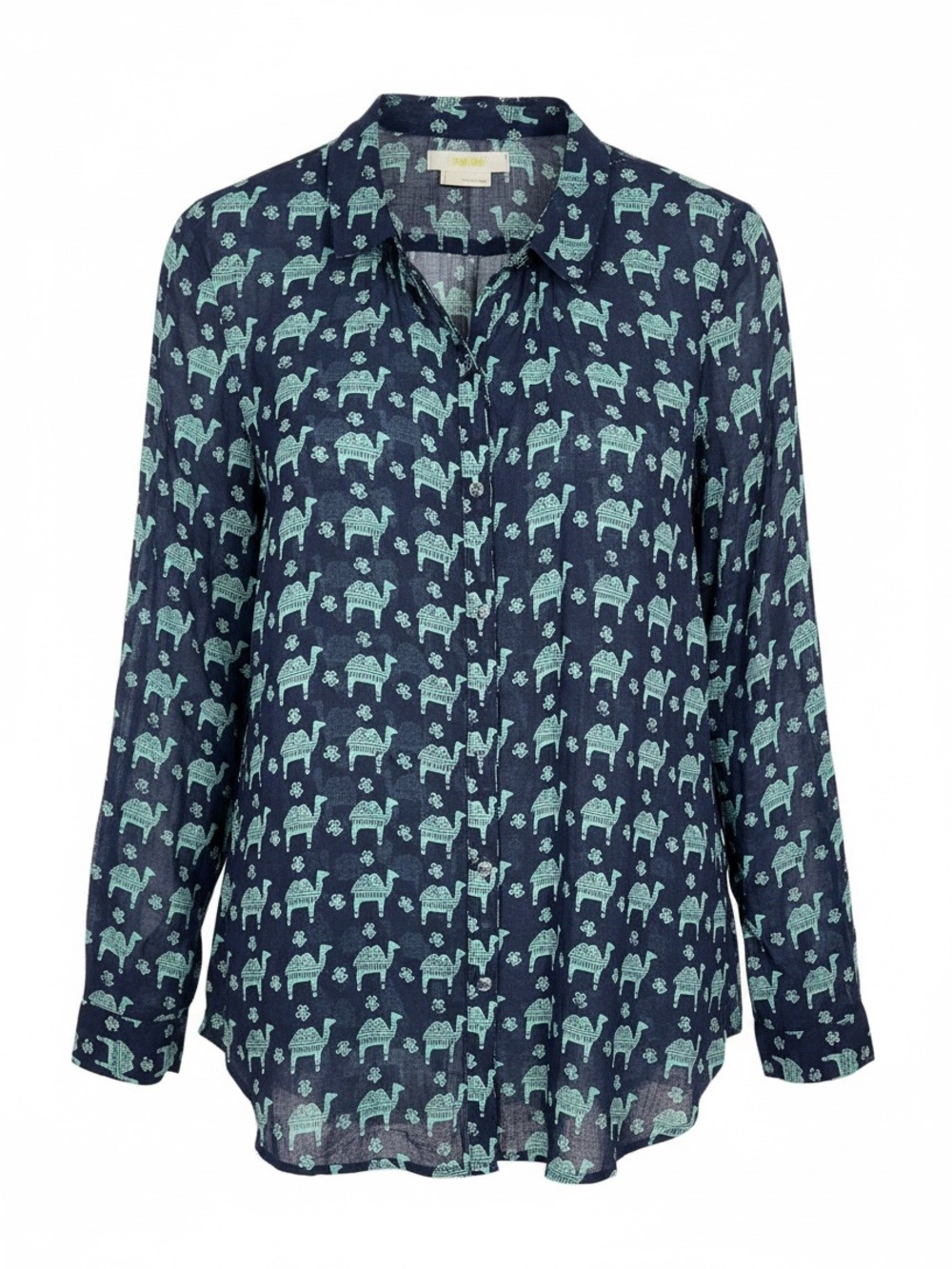 Anthropologie Hei Hei Camel Print Button Up Top 100% Cotton Blue Size Large